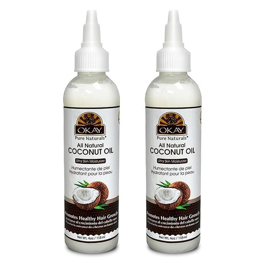 Okay 100% Pure Coconut Oil for Hair & Skin - Coconut Oil for Women & Men, Perfect for Body, Face, Natural Massage Oil & Moisturizer - 4 Fl Oz Squeeze Bottle (Pack of 2)