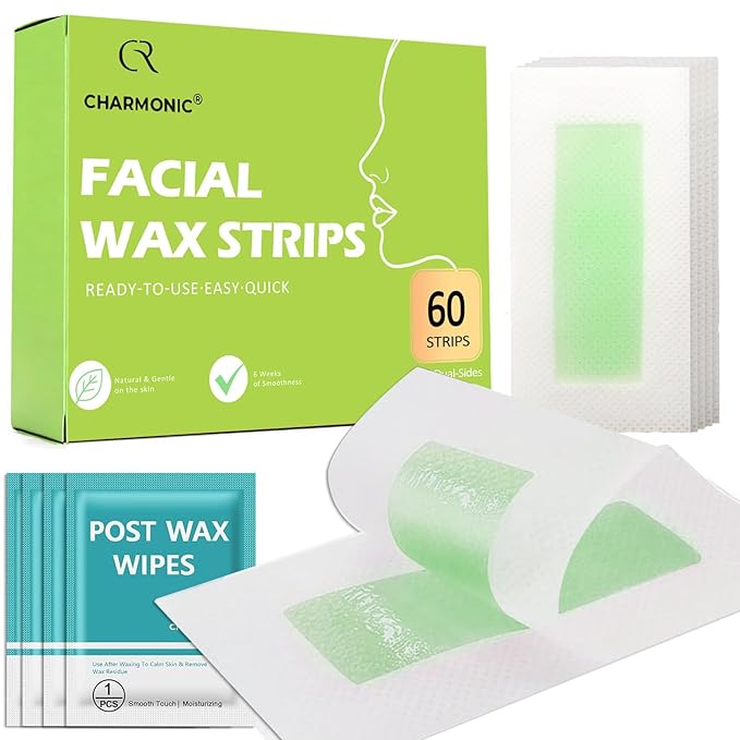 Facial Wax Strips 60 Pcs, Facial Hair Removal for Women, Waxing Strips for Face Eyebrow Upper Lip Cheek Hair Remover, Quick & Painless At Home Waxing Kit for All Skin Types with 6 Pcs Wax Wipes(Green)