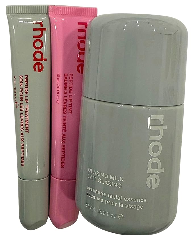 Rhode Glazed Trio Set with Glazing Milk, Peptide Lip Treatment Strawberry Glaze & Peptide Lip Tint Jelly Bean, 3-Piece Skincare and Lip Care Collection