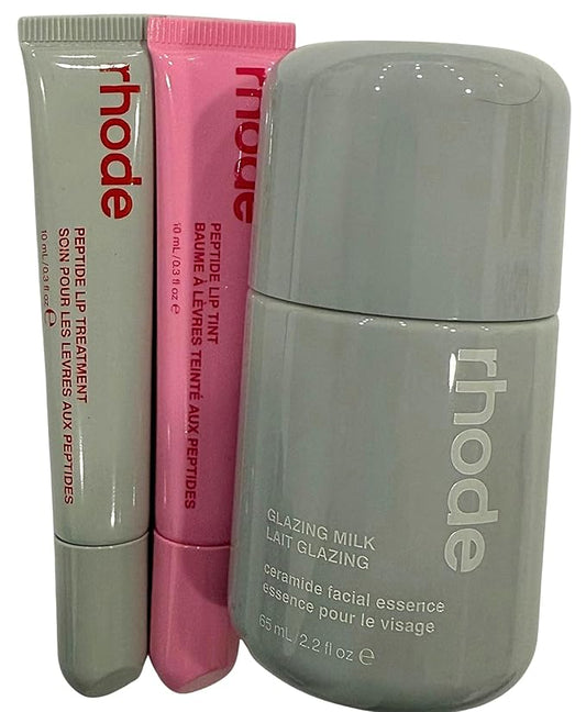 Rhode Glazed Trio Set with Glazing Milk, Peptide Lip Treatment Strawberry Glaze & Peptide Lip Tint Jelly Bean, 3-Piece Skincare and Lip Care Collection