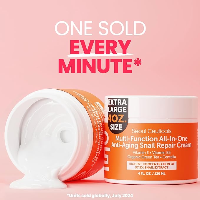 SeoulCeuticals Large 4oz 97.5% Snail Mucin Moisturizer Cream Korean Skin Care Day & Night Snail Repair for Face - K Beauty Anti Aging Facial Skincare