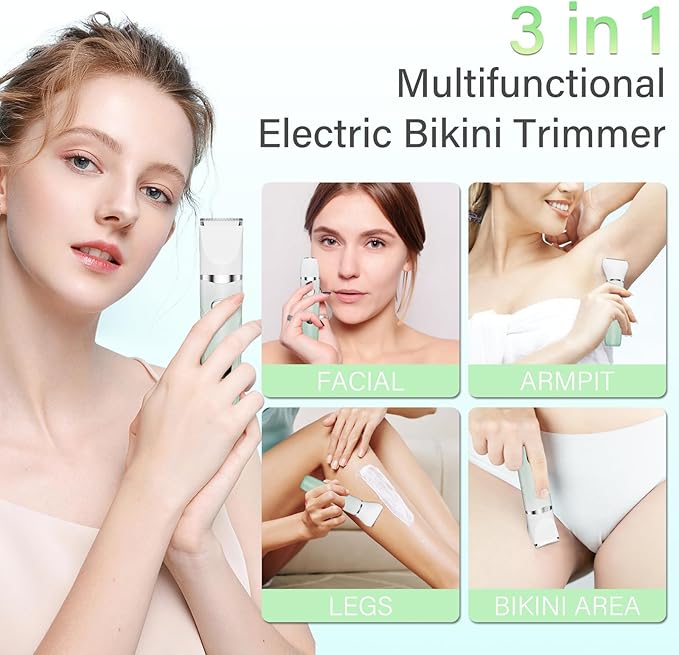 Bikini Trimmer for Women, 3-in-1 Electric Razors for Silk Skin, Wet/Dry Body Hair Shaver for Face Nose Eyebrow Arms Armpit Legs Pubic Area, Painless, IPX7 Waterproof, Ceramic Blade