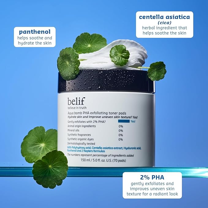 belif PHA 2% Toner Pads – Gentle Exfoliating Facial Polish for Pore Care, Hydrating & Soothing with Panthenol & Cica, Ideal for Sensitive Skin, Korean Skincare (70 Count) (70 Pads, New Formula)