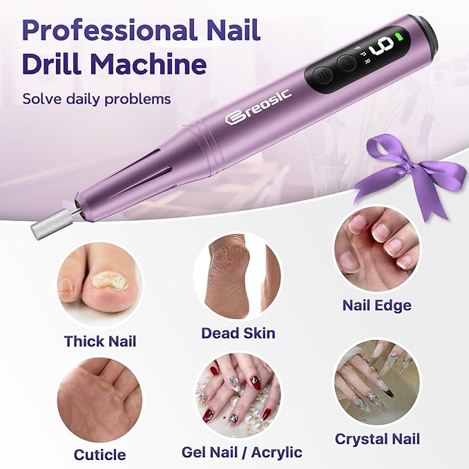 Breosic Electric Nail Drill 35000RPM,12-in-1 Nail File Portable USB-Rechargeable Cordless Nail Drill Professional with 9-Speed & LED Display Manicure Pedicure Nail Kits for Acrylic & Gel Nails(Purple)
