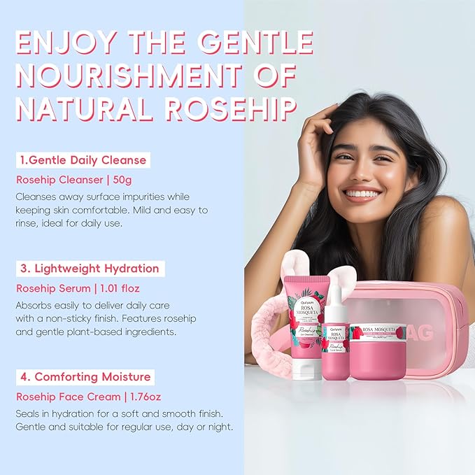 Rosehip Skin Care Set, Beauty Skincare Sets, Natural Facial Skin Care Products, Mother's Day Birthday Christmas Gifts Sets for Women, Nourishing, Hydration, Glow Up, 3PCS, Stocking Stuffers