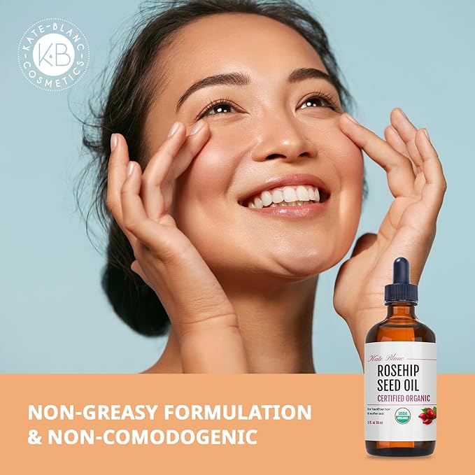 Kate Blanc Cosmetics Rosehip Oil for Face & Softer Glowing Skin (1oz, Organic, 100% Pure, Cold Pressed) Rosehip Seed Face Oil for Facial & Gua Sha Massage