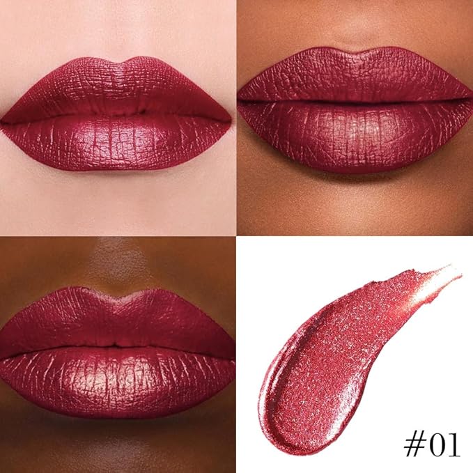 evpct Dark Red Metallic Glitter Lip Liner and Lipstick Combo Lip Gloss Stain Set Makeup for Women Long Lasting Waterproof 24, Wine Red Frosted Metallic Shimmer Glossy Chrome iridescent Liquid Lipstick
