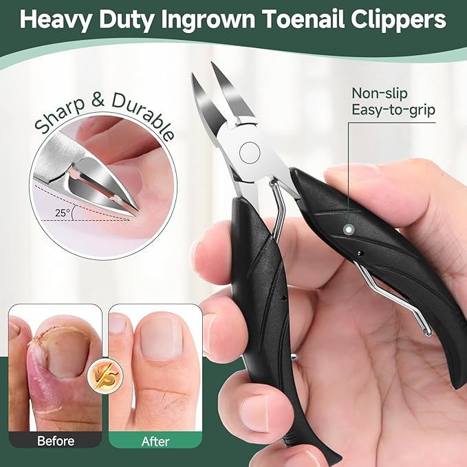 SmilVie Toe Nail Clippers for Seniors, Dual- Angled Head & Long Handle, Heavy Duty Ingrown Toenail Clipper Set for Men (Black 5-in-1 Set)