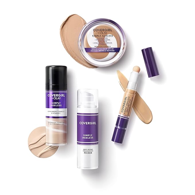 COVERGIRL Simply Ageless Instant Wrinkle Defying Foundation, SPF 28, Hyaluronic Complex & Vitamin C - 250 Creamy Beige, Pack of 2