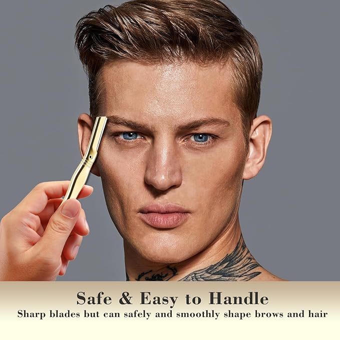 EROWZOLA Eyebrow Razor for Women and Men, Face Razors for Women, Dermaplane Razor with Protective Silicone Cover, Reusable Metal Handle with 6 Refill Blades, Skin Care Tool, Gold