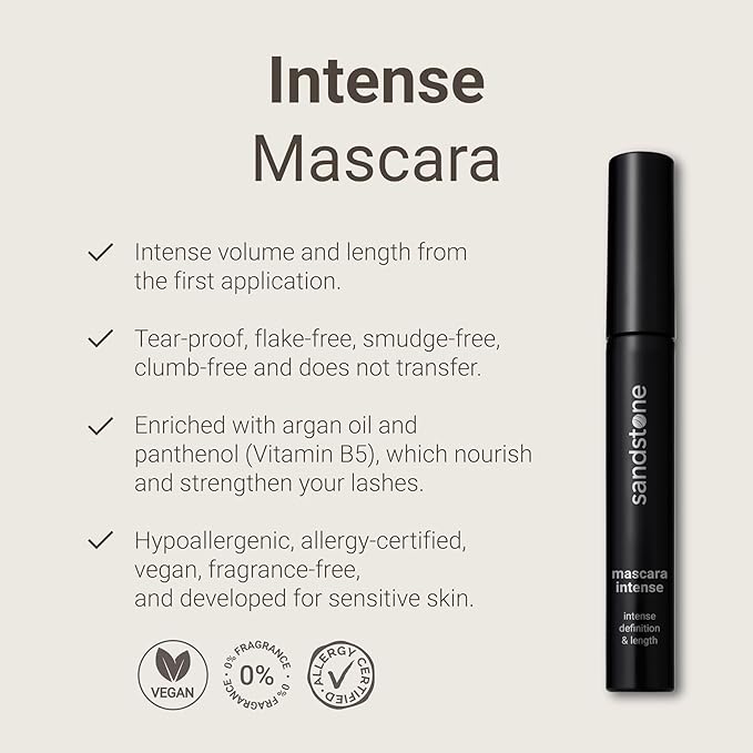 Sandstone Scandinavia Hypoallergenic Mascara Sensitive Eyes - Smudge-Proof, Sweatproof and Lengthening with amazing separation of the lashes - Vegan and Non Toxic (Brown, 9 ml)