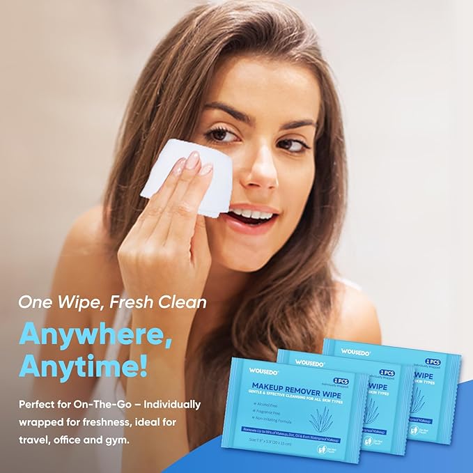 WOUSEDO 100 Count Makeup Remover Wipes, Bulk Gentle Cleansing Facial Towelettes, Individually Wrapped Travel Size,Alcohol-Free & Hypoallergenic for All Skin Types