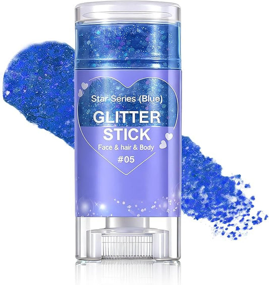 Blue Body Glitter Stick, Face Body Glitter Gel Holographic Hair Glitter Halloween Chunky Sequin Waterproof Face Paint Stick Glitter Makeup for Kids and Women