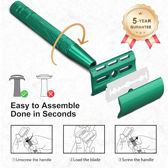 Double Edge Safety Razor, Single Blade Razors for Men and Women, Reusable Metal Razor with 10 Stainless Steel Double Edge Blades, Smooth and Close Wet Shaving, Plastic Free, Green