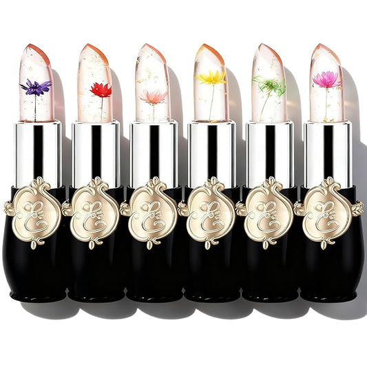 firstfly Pack of 6 Crystal Flower Jelly Lipstick, Long Lasting Nutritious Lip Balm Lips Moisturizer Magic Temperature Color Change Lip Gloss (Black)