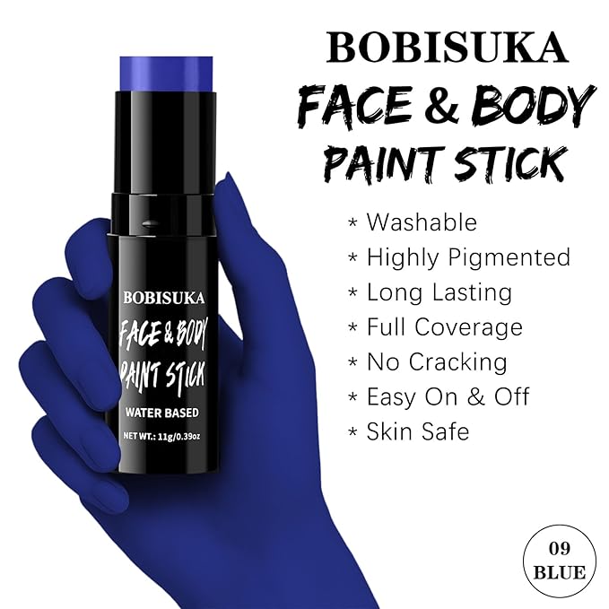 BOBISUKA Blue Face & Body Paint Stick Water-Based Washable Face Paint Makeup Stick for Halloween Avatar Smurf Mystique Skeleton Skull Clown, Cosplay, SFX, Sports Eye Black & Costume Party