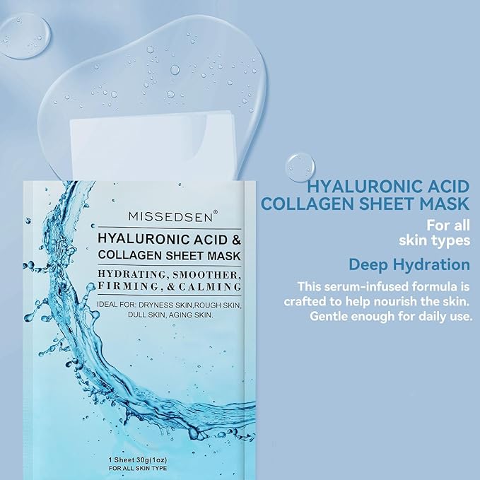 MISSEDSEN Collagen Face Mask with Hyaluronic Acid, Vitamin E Oil for Skin Care Hydrating, Moisturizing, Brightening & Anti Aging Face Masks Skincare for Oil, Dry, Acne, Sensitive All Skin Types 25PCS