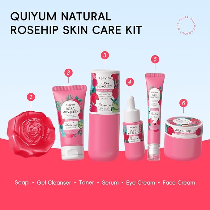 Rosehip Skin Care Sets, Rosehip & Vit-E Skincare Kits, Restore Skin Elasticity, Refine Texture, Even Tone, Moisturizing, for All Skin Types, Valentine's Day Birthday Gift, Luxurious 6PCS