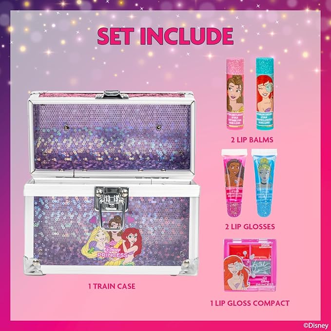 Disney Princess Beauty Mini Train Case Set Includes Lip Gloss Tube, Lip Balm, Lip Gloss Compact for Girls Party, Sleepovers by Townley Girl