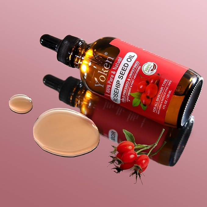 Yoken Rosehip Seed Oil for Face 4 fl oz 100 Pure & Natural Cold Pressed Unrefined Organic Rosehip Oil for Skin, Hair, Nails, Anti-Aging Facial & Gua Sha oil