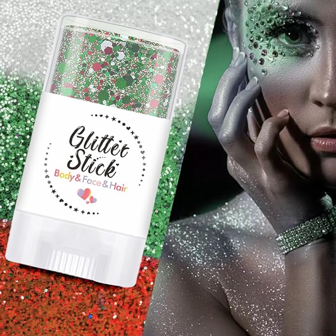 Christmas Body Glitter Stick, Shimmer Shine Sequins Neon Outfit Rave Festival Party Accessories Hair and Face Body Glitter Gel Makeup.(Red Green and White)