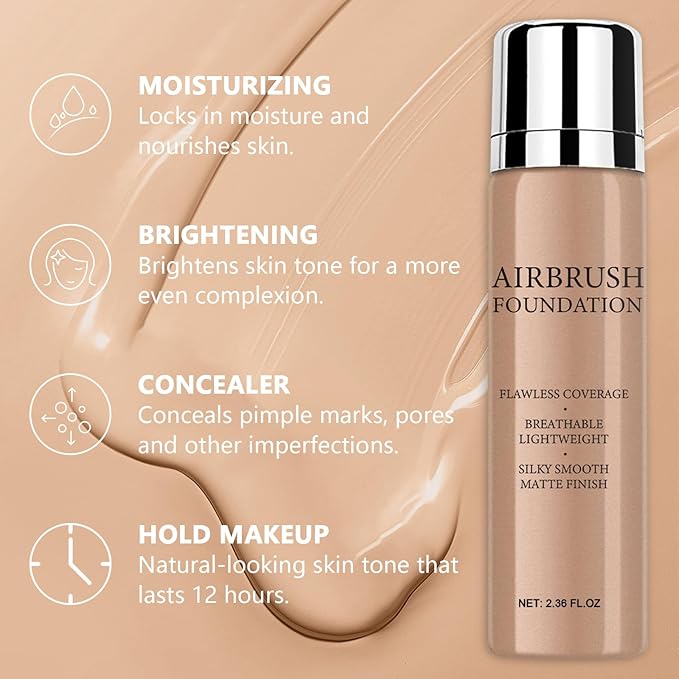 AirBrush Silky Mist Foundation Spray Makeup With Primer and Brush, Full Coverage Foundation for Smooth Radiant Finish, Breathable Lightweight Hydrating (#2 Beige)