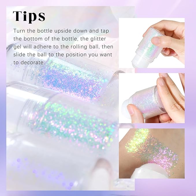 2 Colors Roll-on Body Glitter Gel, Holographic Glitter Gel Under Light for Face Hair, Body Shimmer for Rave Accessories Christmas New Year Halloween Makeup (8+12)