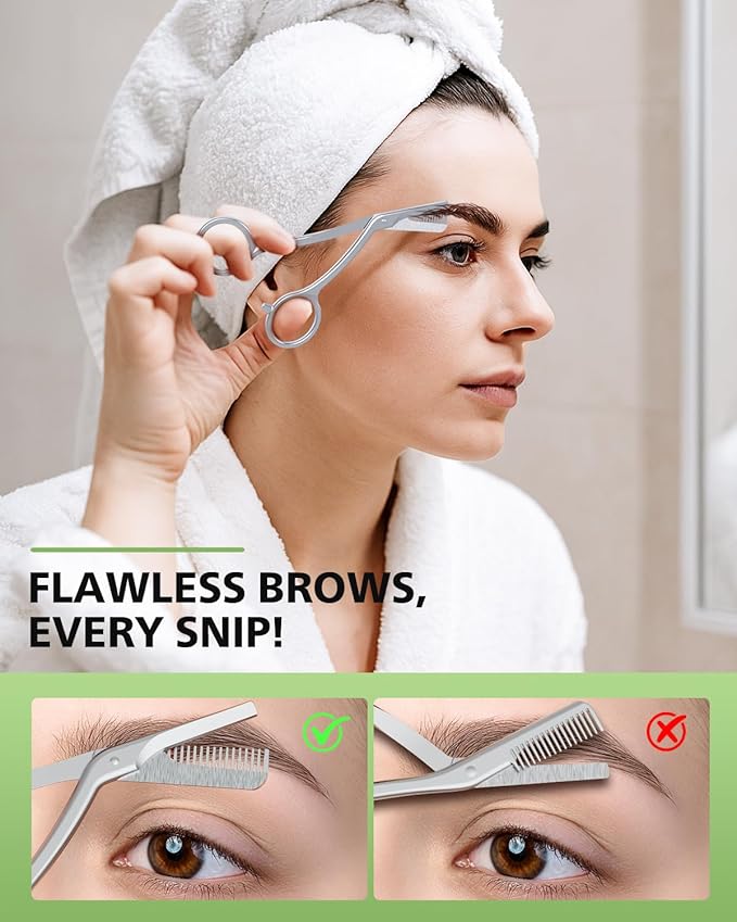 BALUCA Eyebrow Scissors with Comb | Professional Stainless Steel Eyebrow Trimmer for Women & Men | Dual-Design Precision Eye Brow Trimmer Scissors for Effortless Grooming, Silver (Silver)