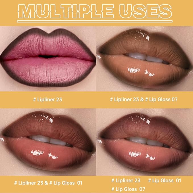 2 Colors Nourishing Lip Gloss Hydration Non-Sticky Plumping Lip Kit for Women, Natural Nude Tinted Lip Glow Oil Moisturizing Lightweight Long Wear Shiny Liquid Lipstick with Lip Liner Combo