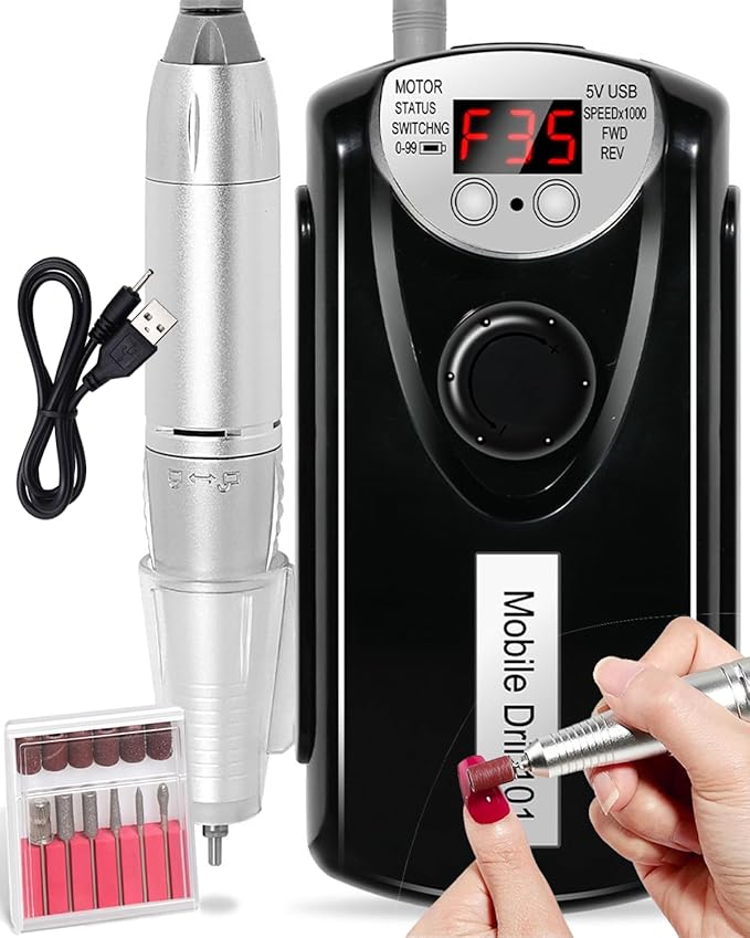 ANRLO Professional Electric Nail Drill, 45000 RPM Cordless Rechargeable E-File Machine, with 12 Bits, Sanding Bands, LCD Display for Acrylic Gel Nails (DMJ-101-Black-USB)