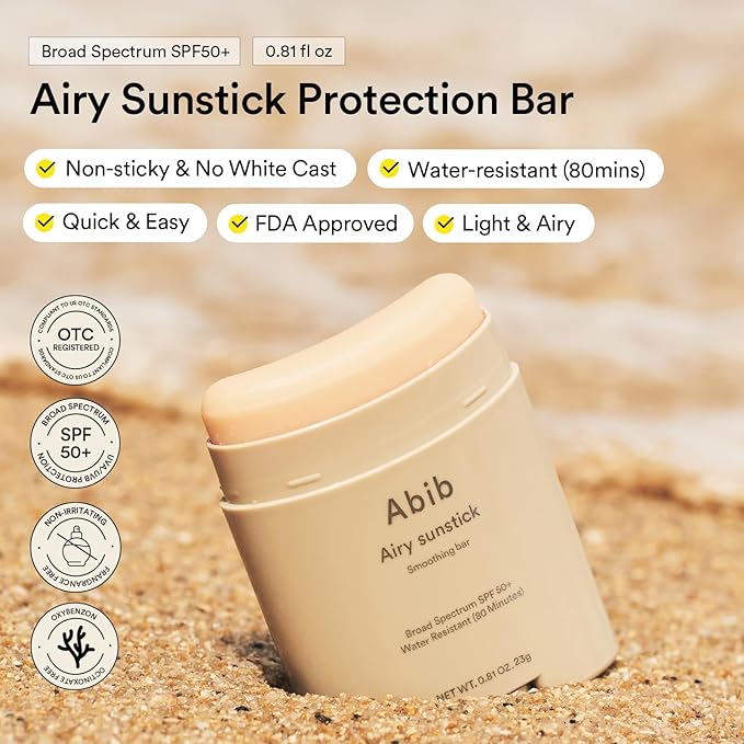 Abib Airy Sunstick Protection Bar DUO Broad Spectrum SPF50+ 1.62 oz / 46 g (Semi-matte) | Korean Suncreen Stick Suncare Sunblock, No Whitecast, Protector Solar Barra, Water resistant