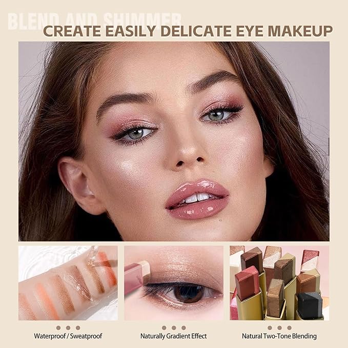 6 Pcs Glitter Eye Shadow Stick Shimmer Eye Shadow Set with Two-Color Gradient and Waterproof Eyeshadow Pen for Long Lasting Eye Makeup Gift
