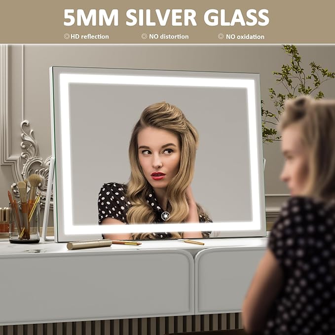 Ligheted Vanity Mirror with Lights, 14" x 12" LED Makeup Mirror, 3 Modes Light, Smart Touch Control Dimmable, 360°Rotation, Rectangle White Frame