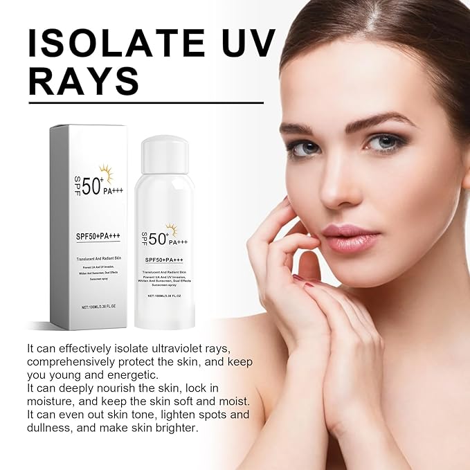 SPF 50 Face & Body Sunscreen Spray, 100ml - Lightweight Non-Greasy, Invisible Finish - Broad Spectrum UVA/UVB Protection - For All Skin Types, Including Sensitive - Hydrating & Brightening