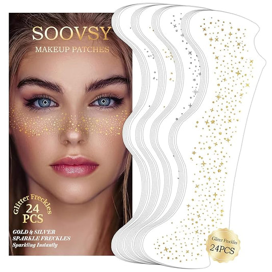 24pcs Gold and Silver Glitter Freckles Face Tattoo, Sparkle Freckles Temporary Face Tattoos, Body Face Glitter Makeup Patches Speckles, Waterproof Long Lasting Makeup Accessories for Women Girls