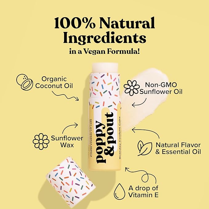 Poppy & Pout Birthday Cake Jumbo Lip Balm | All Natural Lip Balms & Moisturizers | Hydrates with Beeswax, Vitamin E, Organic Coconut Oil | Cruelty-Free | Lip Balm in Recyclable Cardboard Tube (Yellow)
