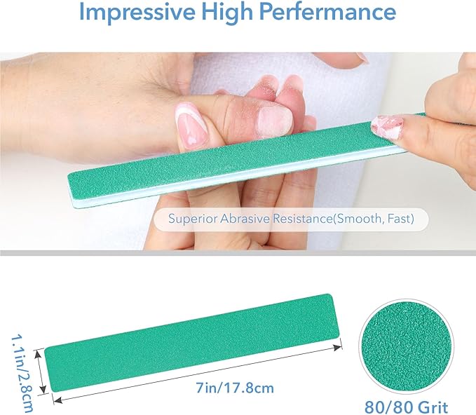 GazePlus Nail File, 50 PCS Nail Files 7" Long 80/80 Grit for Acrylic Nails Gel Nails Dip Powder Nails Poly Gel Washable Reusable Double Sided Buffering