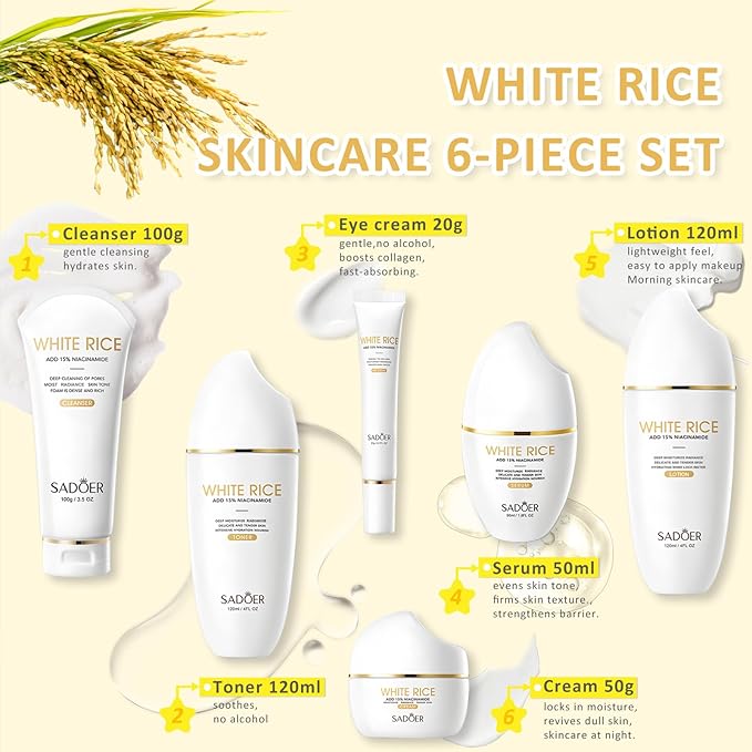 For SADOER Rice Niacinamide Skincare Set - 6 Piece Firming Skincare Kit with Cleanser, Toner, Lotion, Eye Cream, Face Cream & Serum for Daily Facial Care