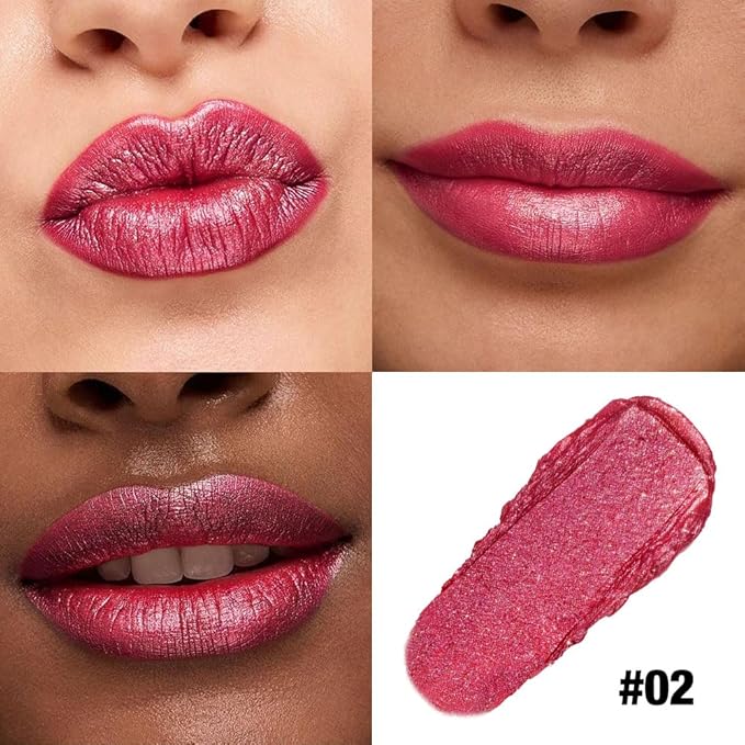 Hot Pink Shimmer Metallic Moisturizing Glow Plumping Lipstick Makeup, Lipstick with Metallic 3D Shine Lightweight Hydrating Formula, Glitter Lip Gloss Stain Long Lasting Waterproof (02#Hot Pink)