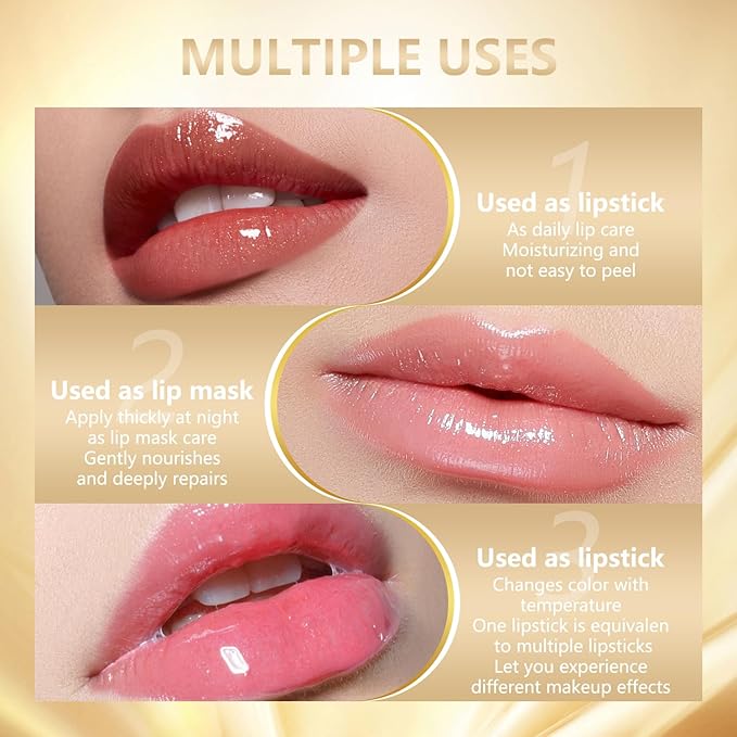 2Pcs Transferproof Color Changing Lipstick,Gold Crystal Ph Lipstick Color Changing,Clear Lip stick That Changes Color,Long Lasting 24 Hours Moisturizing Glossy Shine Lip Gloss for Women