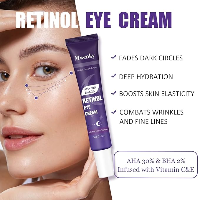 Retinol Eye Cream, Infused with Vitamin C&E to Smooth and Hydrate Skin, Cream for Dark Circles Treatments, Reduce Under, Smooth Wrinkles, Eye Bags, Puffiness