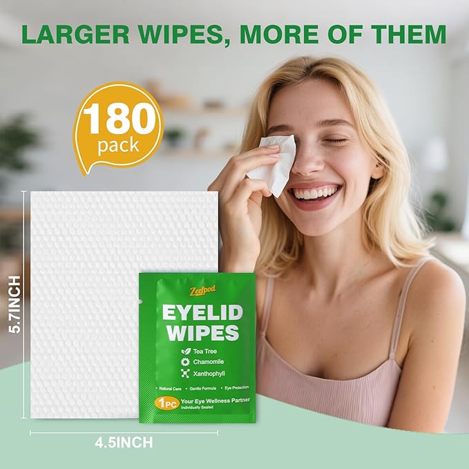 180PCS Tea Tree Oil Eyelid Wipes – Individually Wrapped Eye Lid Cleaning Wipes，Soothing For Sensitive Eyes, Stay Hydrated Lid Wipe