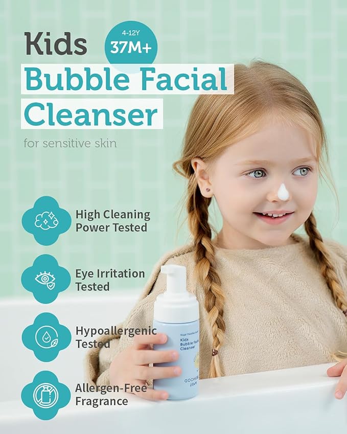 GOONGBE Kids' Bubble Facial Cleanser - Korean Kids Low pH Bubble Foam Face Wash - Gentle Cleansing & Hydrating with Panthenol and Amino Acids - Allergen Free Scent, 3.38 fl.oz.
