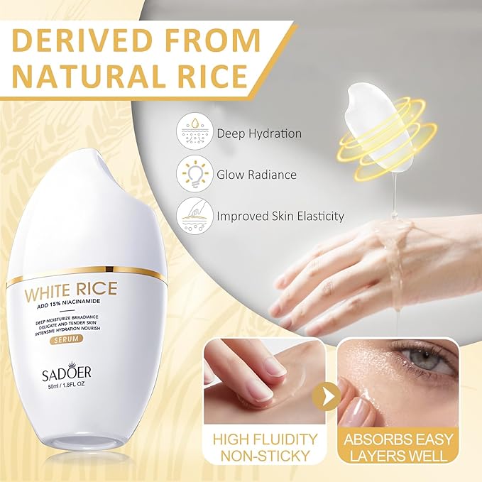For SADOER Rice Niacinamide Skincare Set - 6 Piece Firming Skincare Kit with Cleanser, Toner, Lotion, Eye Cream, Face Cream & Serum for Daily Facial Care