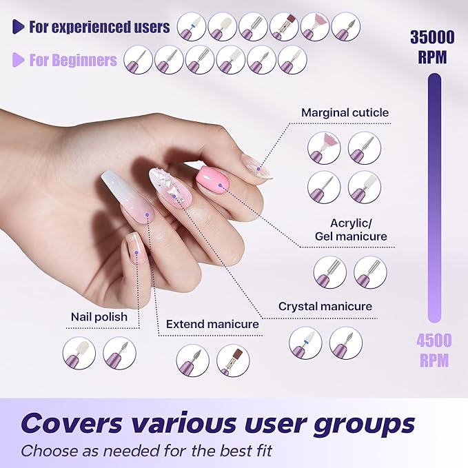 Breosic Electric Nail Drill 35000RPM,12-in-1 Nail File Portable USB-Rechargeable Cordless Nail Drill Professional with 9-Speed & LED Display Manicure Pedicure Nail Kits for Acrylic & Gel Nails(Purple)