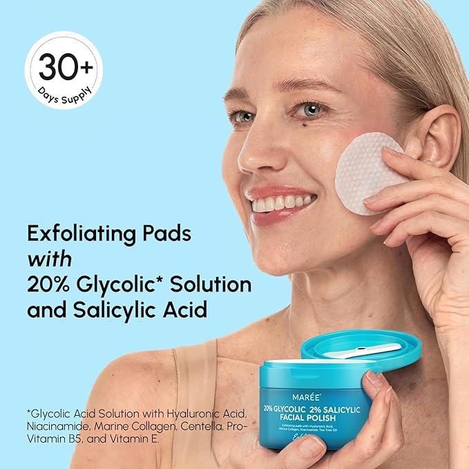 MAREE Glycolic Acid Pads & 2% Salicylic Acid – Toner Pads for Face with 20% Glycolic Acid Solution – Face Exfoliating Pads, Acne Clearing Face Pads – Skin Pore Resurfacing & Radiance Device – 50 Count