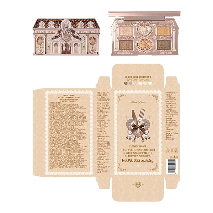 Flower Knows The Sweetie Bear Collection 6-Color Makeup Palette,Brown Eyeshadow with 4 Matte + 2 Shimmer Shades,Blendable Smooth Cute Eye Makeup,0.23 Oz(01 Buttery Croissant)