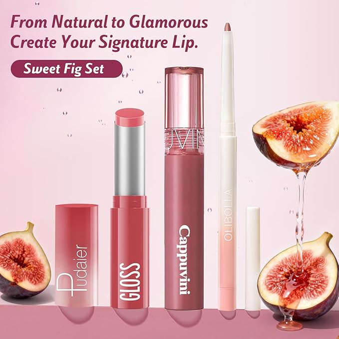 KIMUSE 3PCS Lip Combo Set - Matte Lip Liner Pencil + Hydrating Tinted Lip Balm + Juicy Lip Gloss Tint, Non-Sticky, Long-Lasting, High Pigment Lip Makeup Kit (Sweet Fig Set)