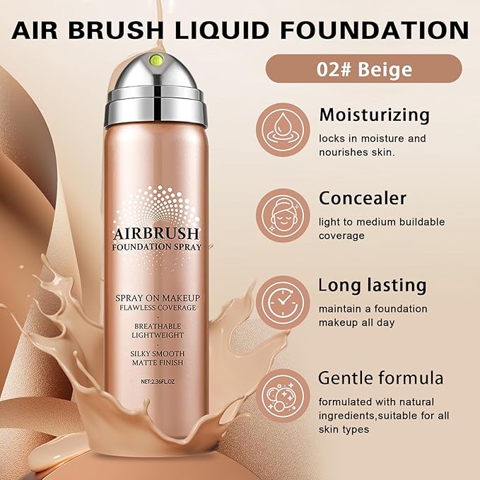 QIUFSSE Airbrush Foundation with Primer,Silk Flawless Airbrush Makeup,Buildable Coverage with Anti-aging Formula,Moisturizing Foundation Makeup (02 Beige)