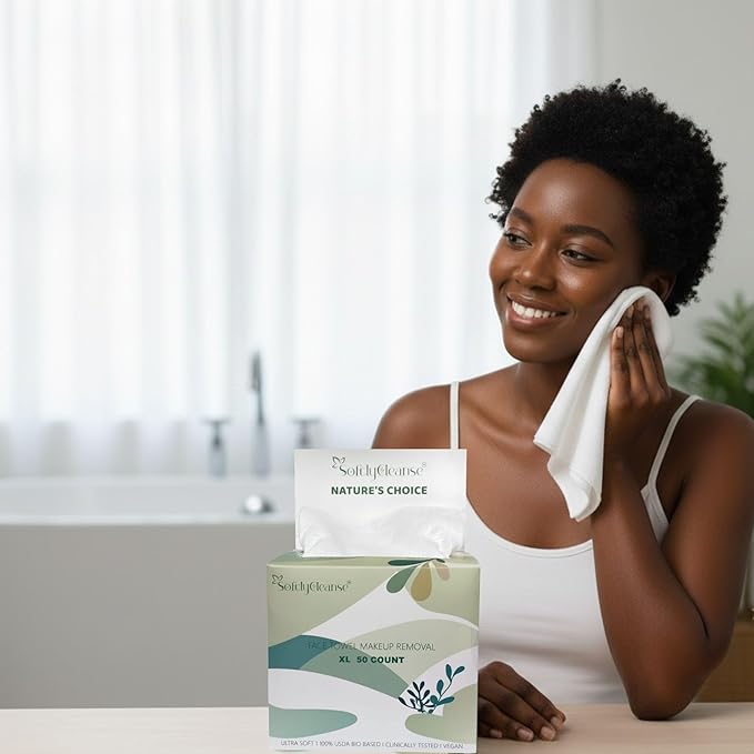 Softlycleanse Disposable Makeup Remover Face Towels – 50 PCS Soft Plant-Based Face Towels Disposable – Double-Sided Facial Cleansing Towels for Makeup Removal, Skin Care & Daily Use